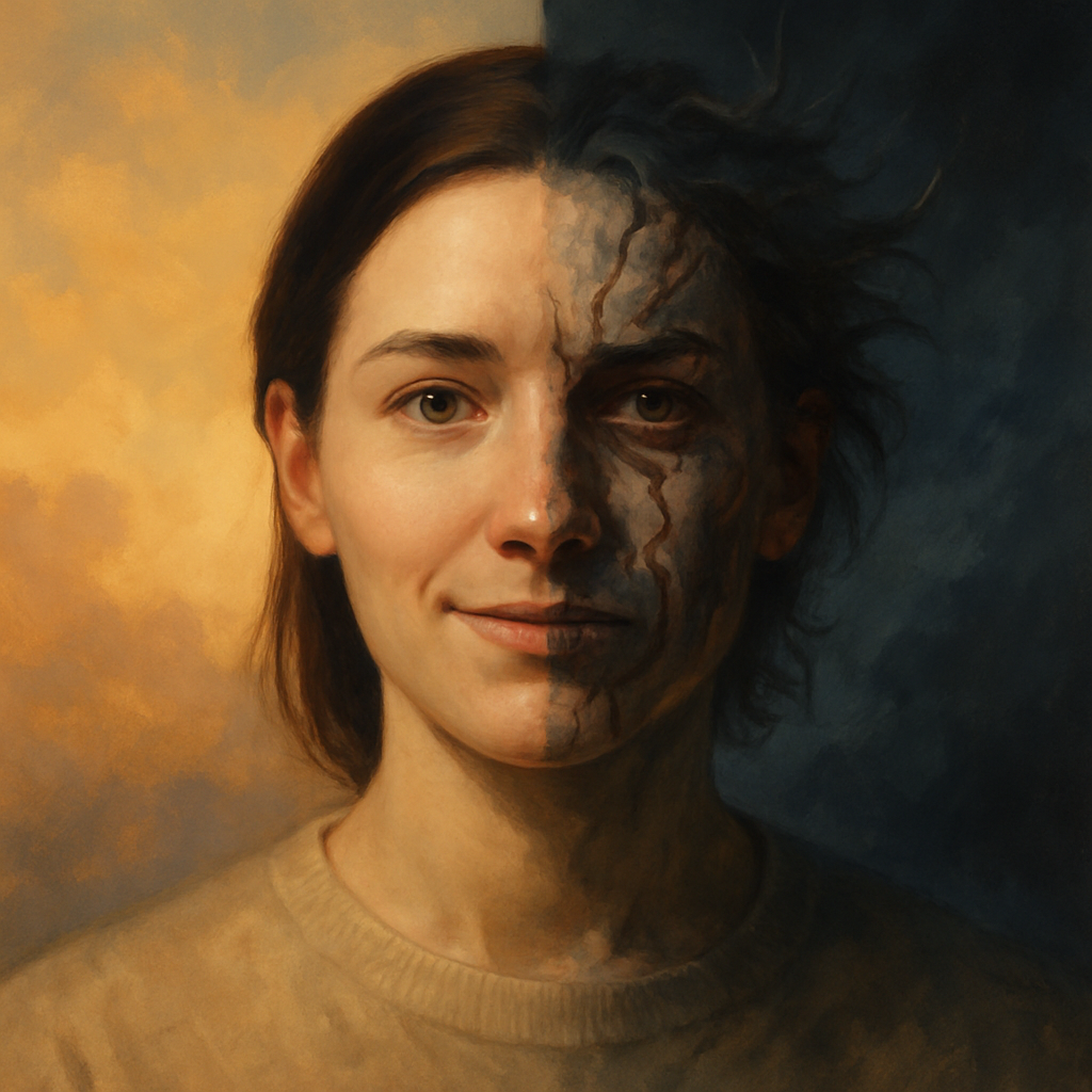 Dieses eindrucksvolle Bild von Susanne Jokiel zeigt die Auswirkungen von Stress auf die psychische Gesundheit: ein Gesicht, geteilt zwischen Licht und Dunkelheit – ein visuelles Symbol für Balance und Belastung